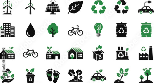 Sustainable Green Energy and Eco Friendly Ecology Icon Collection