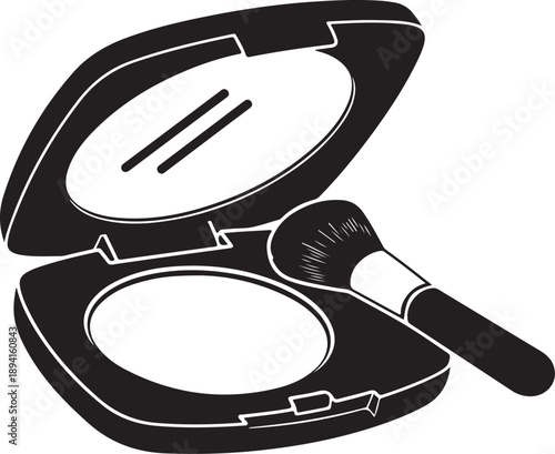 Detailed black vector icon of an open makeup compact with mirror and brush touching pressed powder, clearly displaying cosmetic product design eps