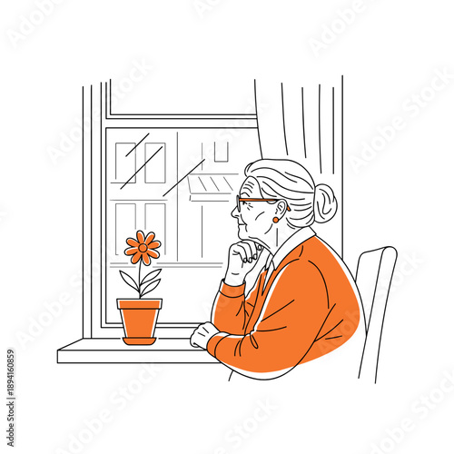 A pretty elderly single woman sits at the window and looks out. There is one blooming flower in a pot on the windowsill. Vector illustration.