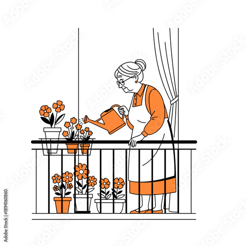 An elderly woman with glasses and a bun on her head of hair stands on the balcony and waters flowers from a watering can. In profile. Vector illustration