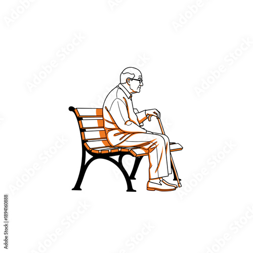 A lonely elderly bald man with glasses and a cane, hunched over, is sitting on a beautiful wooden bench. In profile. Vector illustration