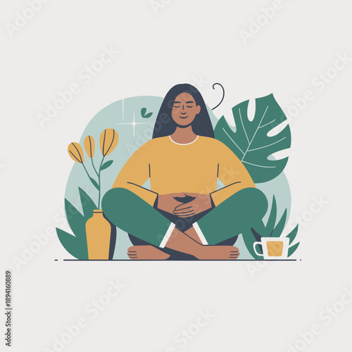 Woman Meditating with Cup of Coffee and Plant sitting