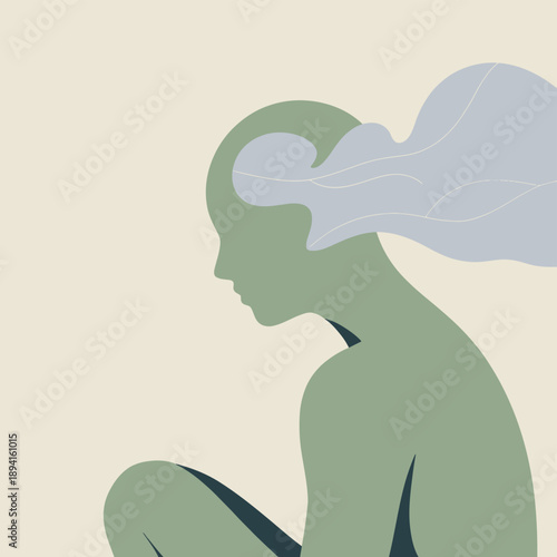 Silhouette of a person with a cloud-like head in green and blue