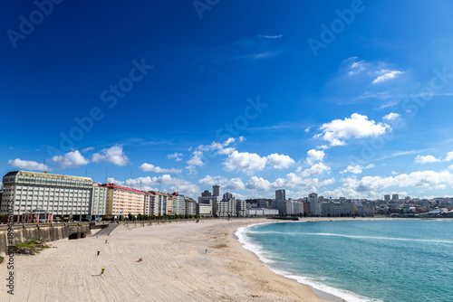 Orzan Beach and City Skyline, Atlantic Coastline in A Coruña, Galicia, Spain