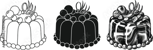 Collection of three cake illustrations including outline silhouette and detailed drawing perfect for culinary design and food concepts