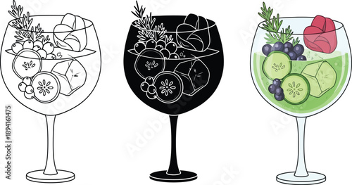 Set of three gin tonic cocktails line art silhouette and color illustration with fresh fruit garnishes perfect for beverage menus and summer promotions