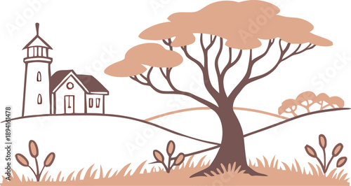 Minimal countryside landscape illustration with lighthouse and tree. Soft pastel rural scenery in flat vector style. Ideal for travel themes, nature branding, posters, and calm editorial designs.