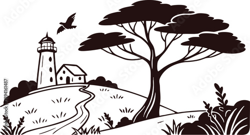 Lighthouse landscape illustration with tree silhouettes in vintage style. Coastal hill scene with birds and nature elements. Perfect for travel, nautical themes, posters, and storytelling designs.