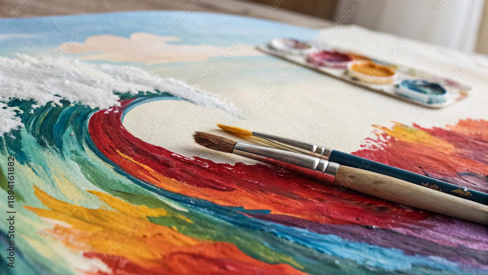 Obraz premium Colorful Ocean Wave Painting with Paintbrushes and Palette on Table