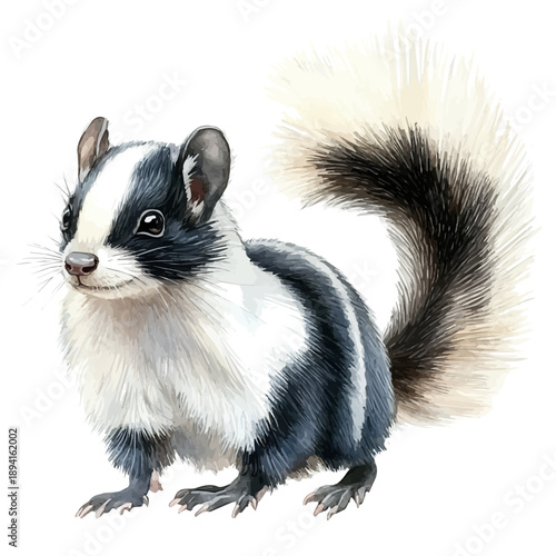 Skunk, serene watercolor vector artwork with smooth washes of color and refined textures, isolated on a white background.