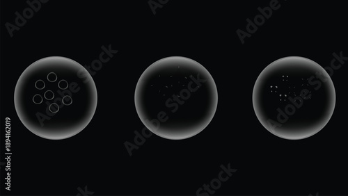 A minimalist image displays three spherical forms each with varying arrangements of smaller circles or dots within them high quality professional detailed modern elegant stylish clean
