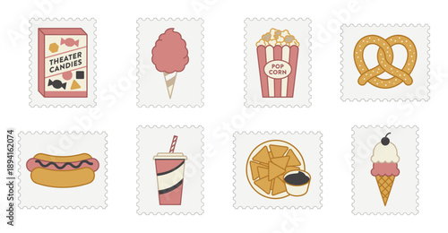 Minimalist Retro Cinema Snacks Postage Stamp Set for Movie Theater Concession Stand Branding