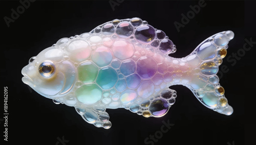A vector-based stylized illustration of a fantastic fish made up of colorful soap bubbles on a black background.
