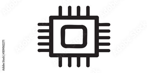 CPU vector icon, black design, minimal outline style, simple computer processor and technology symbol, isolated on transparent background