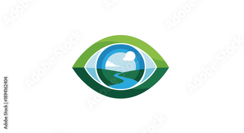 Green eye with natural landscape inside symbolizing vision and environment.