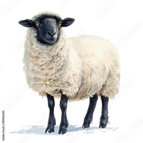 Sheep, serene watercolor vector artwork with smooth washes of color and refined textures, isolated on a white background.
