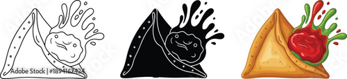 Collection of Samosa icons featuring line art silhouette and realistic styles with sauce splash perfect for food blogs and restaurant menus