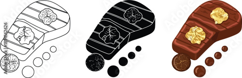 Set of grilled steak icons in different styles from outline to realistic representing food and cooking concepts for menus and culinary designs