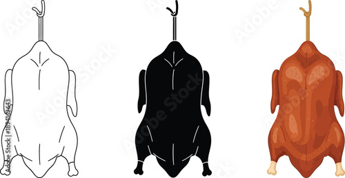 Collection of roasted chicken icons including outline silhouette and full color vector graphics for food illustration and culinary design