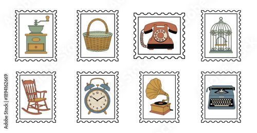 Retro Hand-Drawn Household Antiques Illustration Postage Stamp Collection for Vintage Scrapbooking and Nostalgic Stationery Design