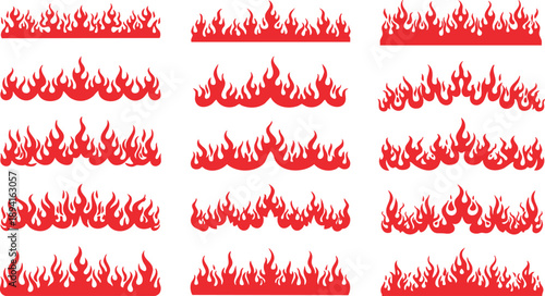 Red Fire Flame Border Divider Set on White Background, Stylized Red Flame Borders and Fire Divider Elements, Abstract Red Fire Border Collection with Flame Lines, Burning Red Flame Divider Set Isolate