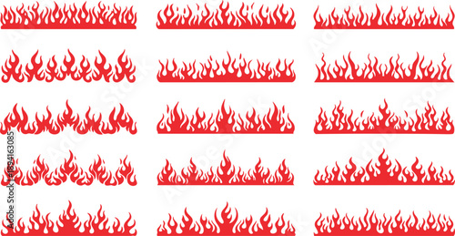 Red Fire Flame Border Divider Set on White Background, Stylized Red Flame Borders and Fire Divider Elements, Abstract Red Fire Border Collection with Flame Lines, Burning Red Flame Divider Set Isolate