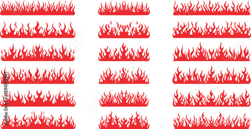 Red Fire Flame Border Divider Set on White Background, Stylized Red Flame Borders and Fire Divider Elements, Abstract Red Fire Border Collection with Flame Lines, Burning Red Flame Divider Set Isolate