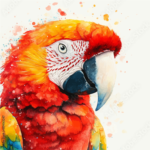 Scarlet Macaw, playful watercolor vector painting with subtle shadowing and soft gradients, isolated on a white background.