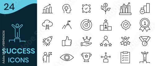 Success icon set. Out line icon of Containing reward, winner, ribbon, star, cup, achievement, star, best, reward. Vector illustration. 
