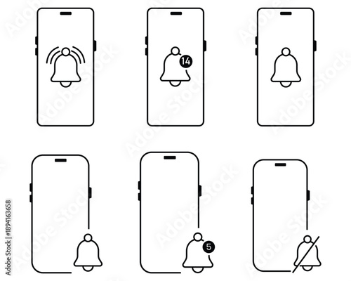 Notification bell icon set. Out line icon of  black and white models smartphone, mobile phone with empty screen. vector illustration. 
