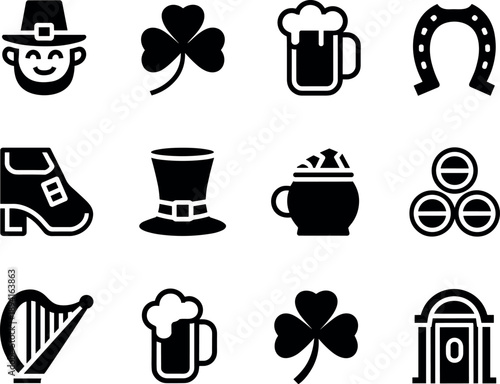 St patricks day icons collection leprechaun shamrock beer mug symbols