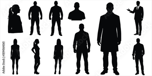 Assortment of Human Silhouettes in Black Against a White Background Keywords: silhouette, people, man, woman, male, female
