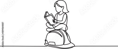 One line drawing of a girl reading a book on a construction helmet, representing education, empowerment, and equality in a global humanitarian concept. one line Icon drawing