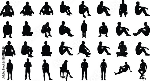Collection of black silhouettes of men and women in various seated and standing poses people