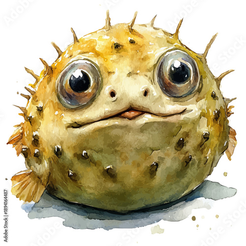 watercolor draw of Pufferfish, isolated on a white background.