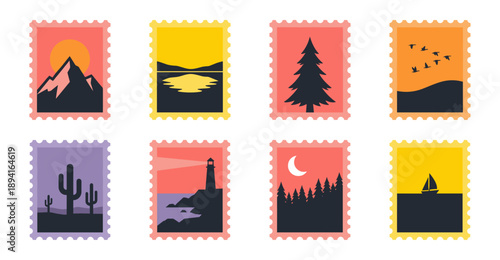 Minimalist Silhouette Nature Landscapes Postage Stamp Collection for Travel Stationery and Scrapbooking