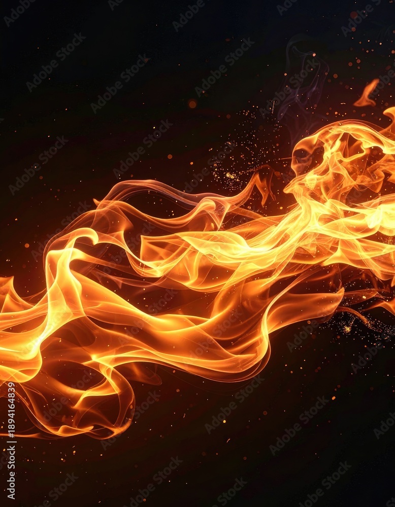 Fototapeta premium Vibrant, swirling orange and yellow flames with scattered embers against a dark background.