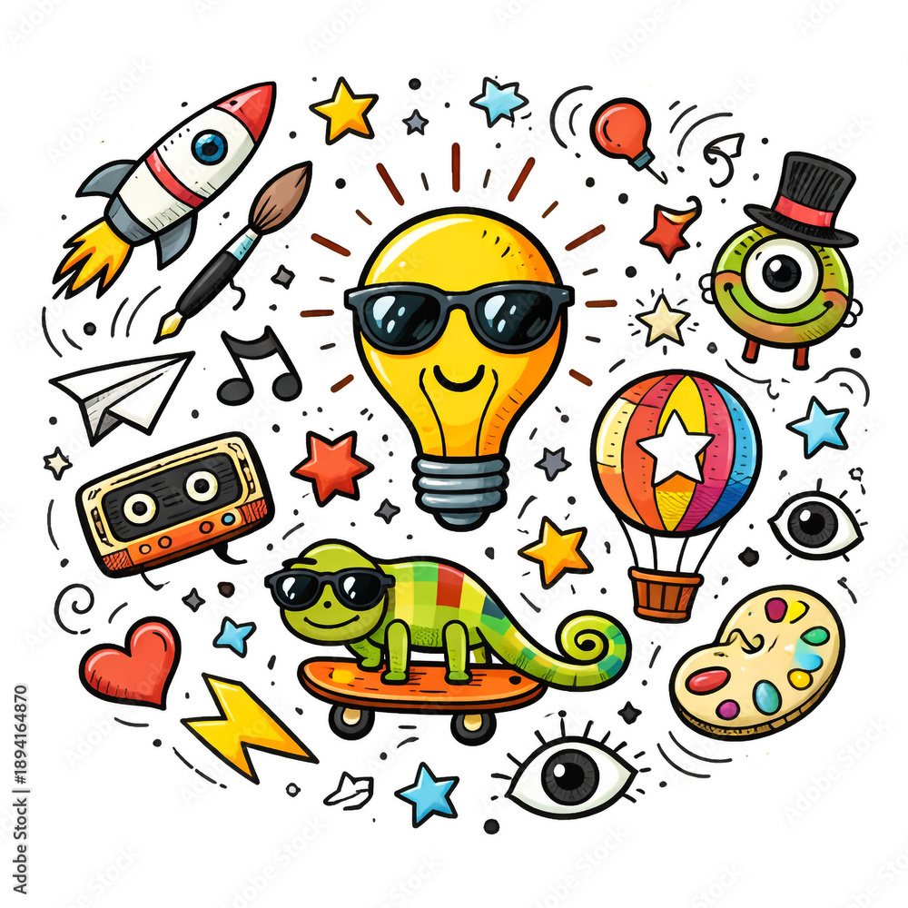 Fototapeta premium Colorful Cartoon Illustration of Creative Symbols and Characters