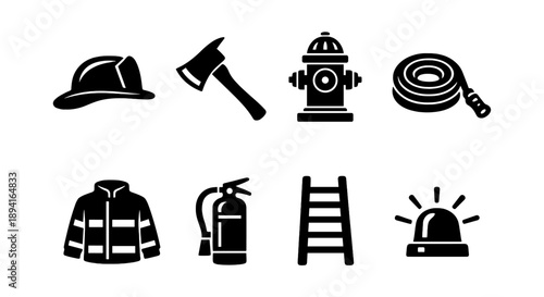 Firefighter equipment icons: helmet, axe, hydrant, hose, jacket, extinguisher, ladder, alarm