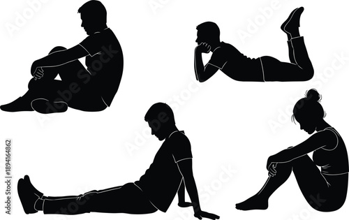 Four Silhouettes of People Sitting and Lying in Various Pensive Poses on White Background vector illustration