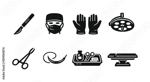 Surgical instruments and equipment icons: scalpel, surgeon, gloves, light, forceps, tray, table