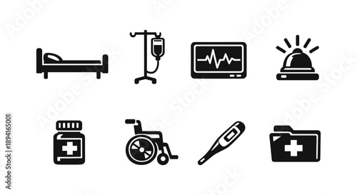 Medical icons set: bed, iv, monitor, alarm, medicine, wheelchair, thermometer, folder