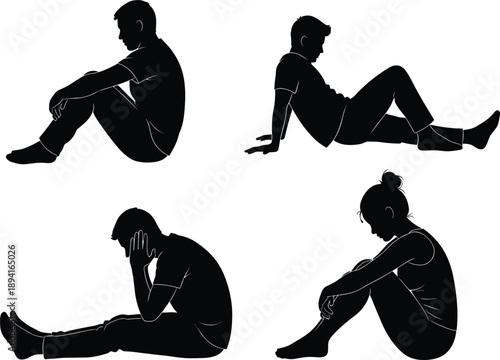 Four Silhouettes of People Sitting in Various Pensive Poses on White Background woman