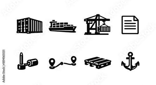 Shipping and logistics icons: container, ship, crane, document, route, anchor, pallet, drill