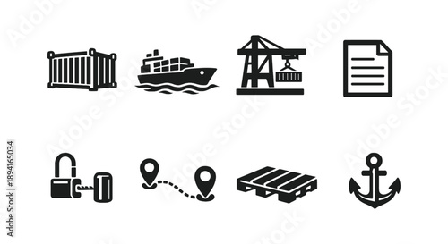 Black icons of shipping: container, cargo ship, crane, document, lock, map pin, pallet, anchor