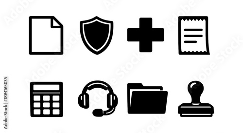 Collection of office and communication icons in black and white