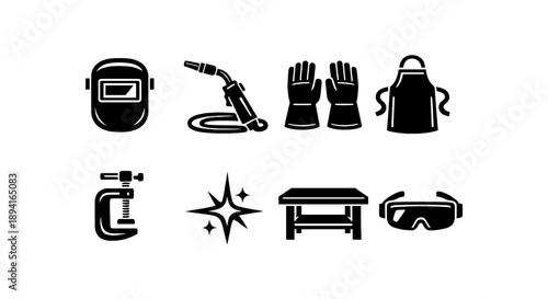 Welding equipment icons: helmet, torch, gloves, apron, clamp, goggles, spark, table