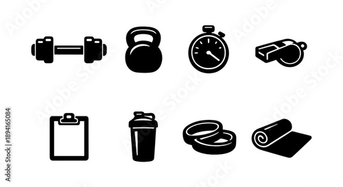 Fitness equipment icons: dumbbell, kettlebell, stopwatch, whistle, clipboard, shaker, rings, mat