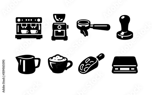 Essential coffee making equipment icons - espresso machine to coffee scale