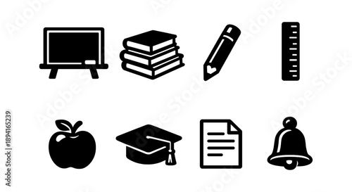 Education icons: chalkboard, books, pencil, ruler, apple, graduation cap, document, bell
